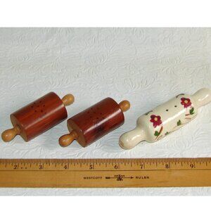 Vtg Mini Rolling Pins Salt & Pepper SHAKER Lot, Pottery + Wood Souvenir Pre-1963